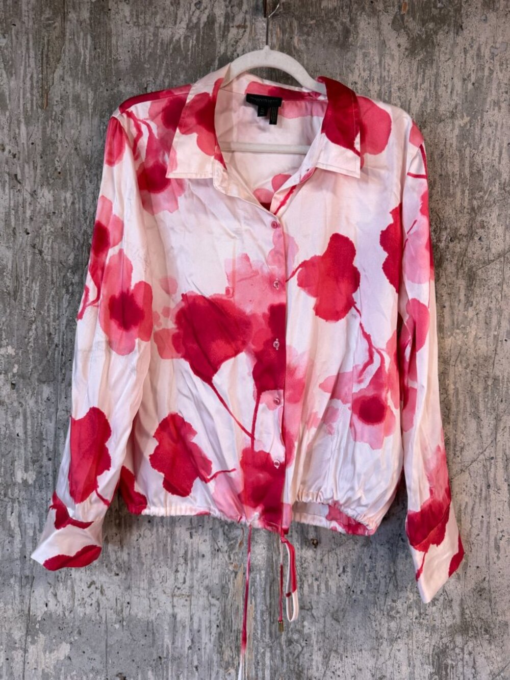 DONNA KARAN Women's Printed Long-Sleeve Blouse with Drawstring Hem Size XL